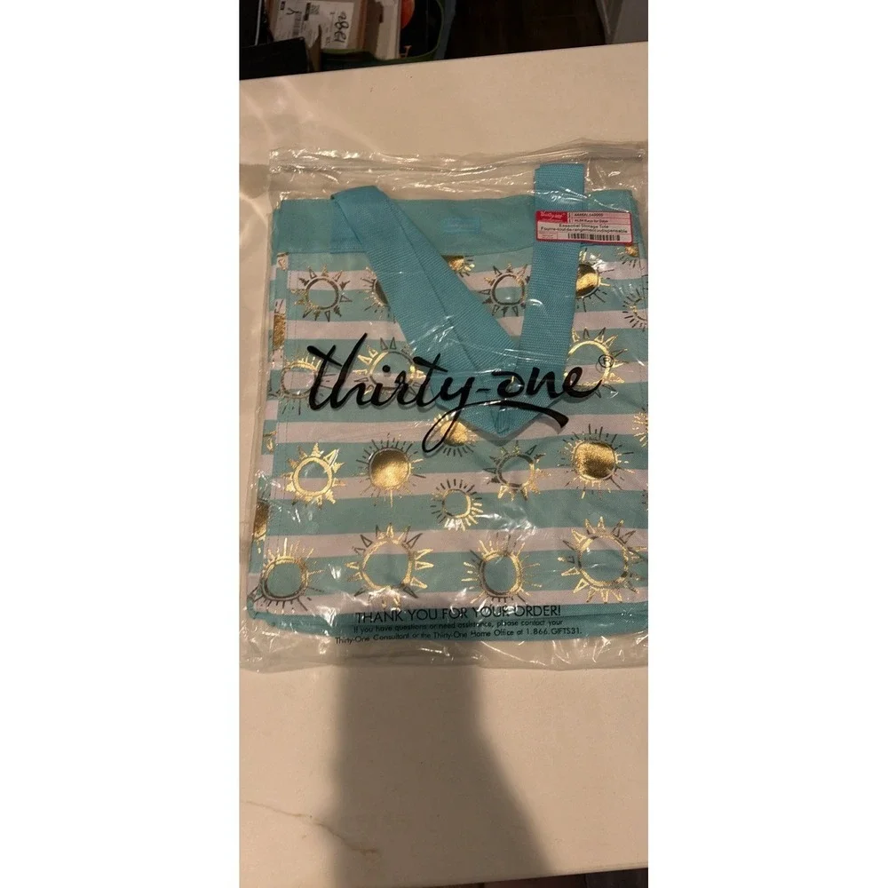 Thirty-One Bag Bundle Central Storage Tote + Clip Pouch Teal Gold White NWT - Picture 7 of 9